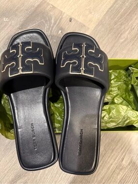 Tory Burch Navy Leather Gold trim Logo-Double T Sport Slide Sandals